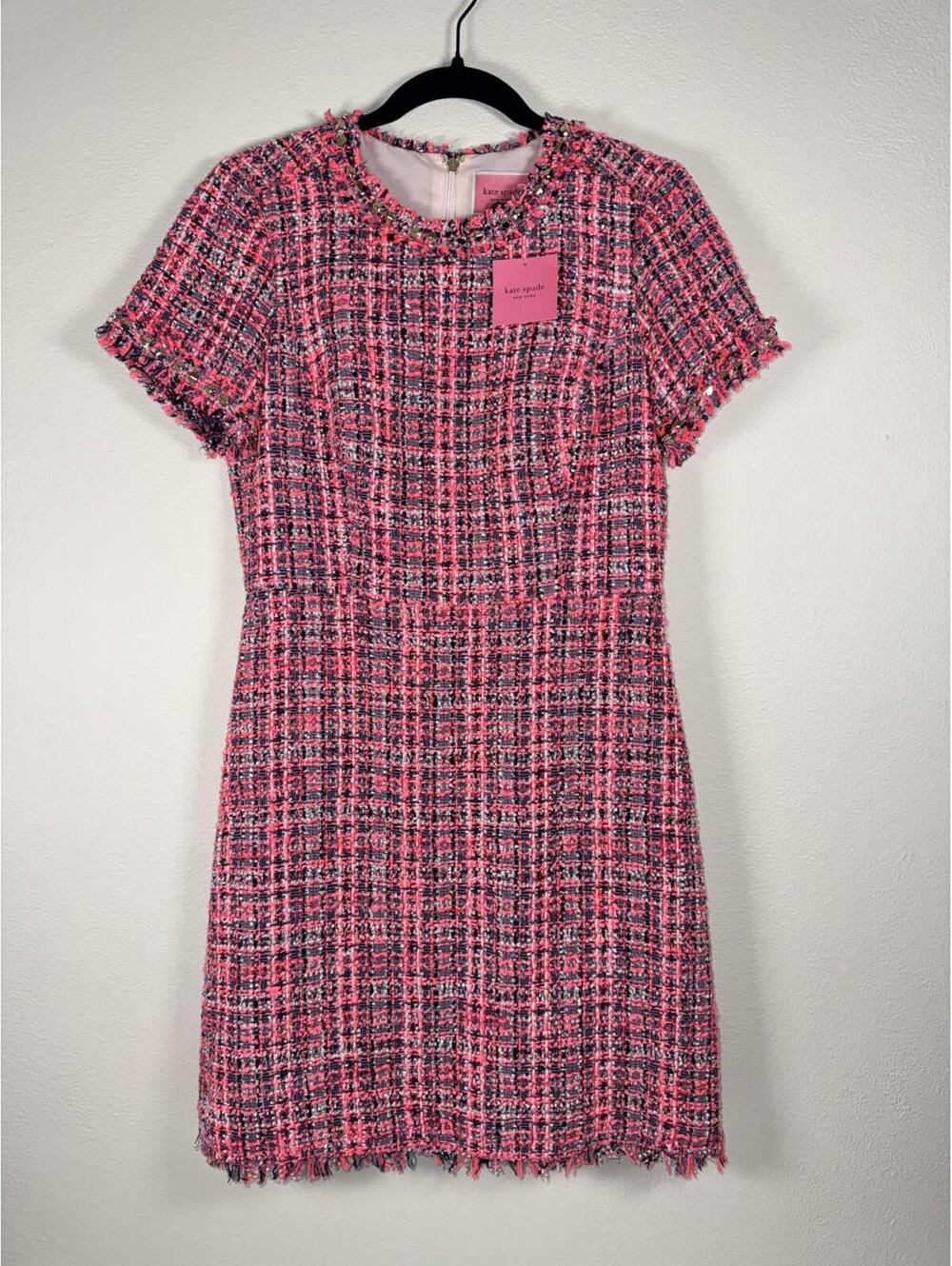 $448 NWT KATE SPADE TWEED SHEATH DRESS PINK PLAID FRINGE PERFECT PEONY SIZE 8